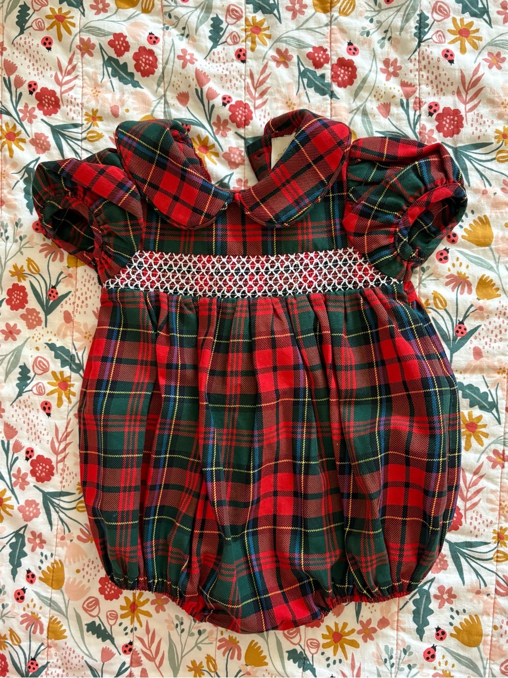 Red and Green Plaid Smocked Baby Bubble Romper